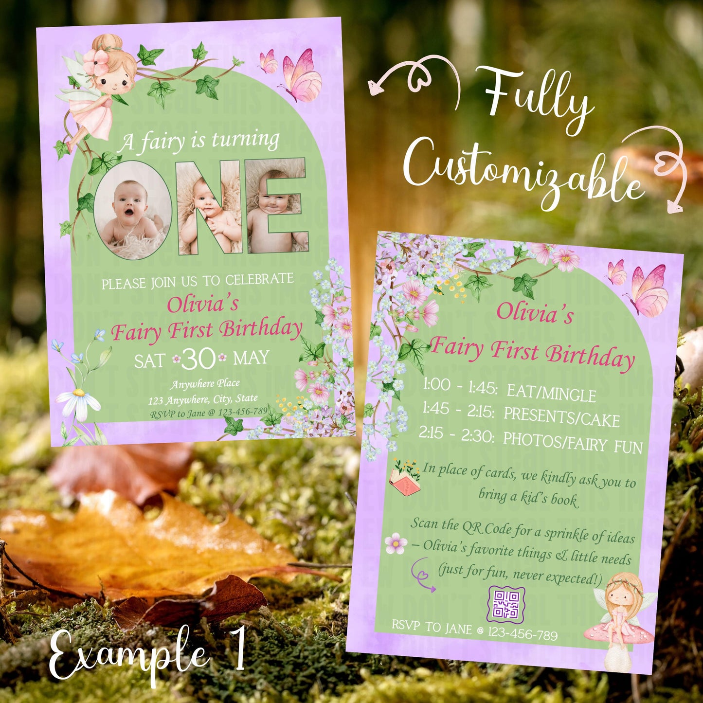 Fairy First Birthday Invitation Bundle Templates, Canva Editable (Digital Download)
