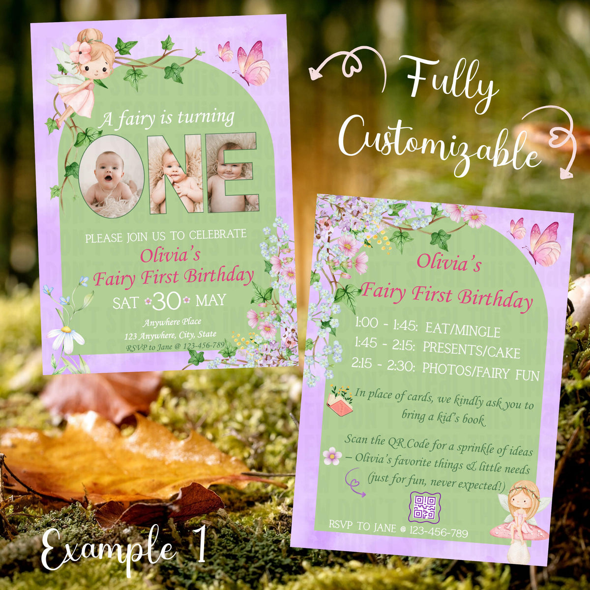Fairy First Birthday Invitation Bundle Templates, Canva Editable (Digital Download)
