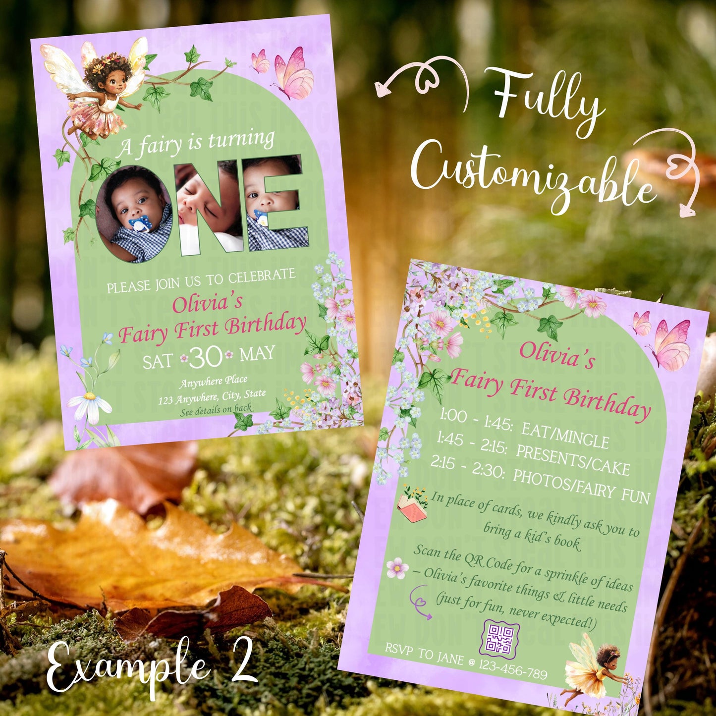 Fairy First Birthday Invitation Bundle Templates, Canva Editable (Digital Download)