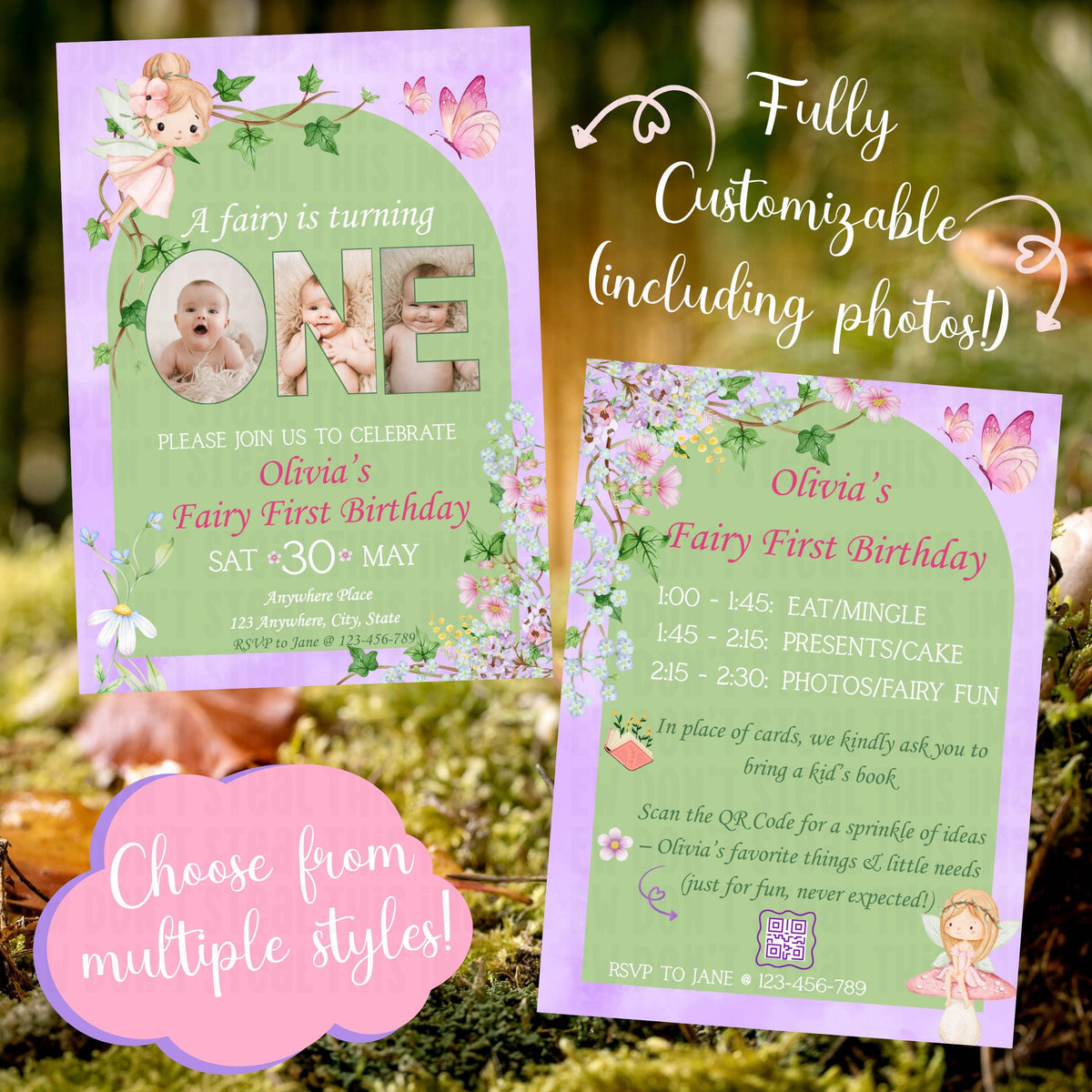 Fairy First Birthday Invitation Bundle Templates, Canva Editable (Digital Download)