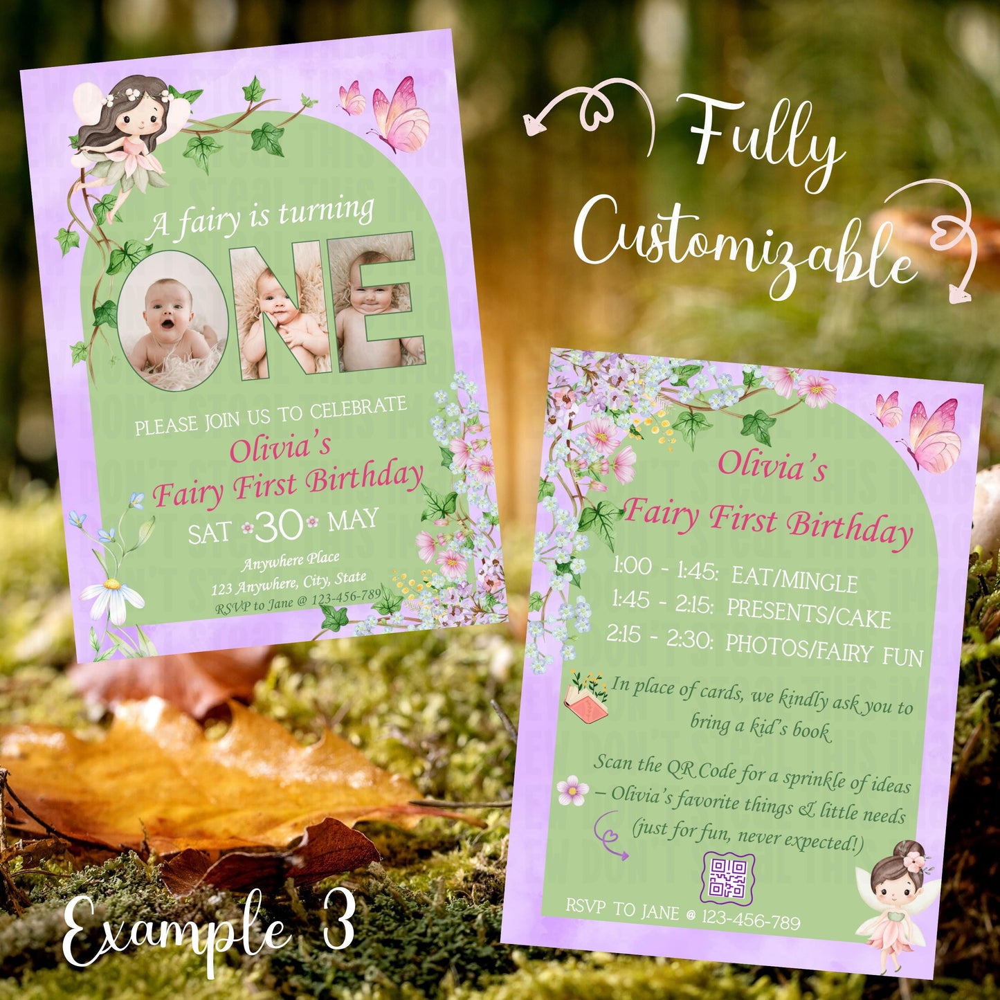 Fairy First Birthday Invitation Bundle Templates, Canva Editable (Digital Download)