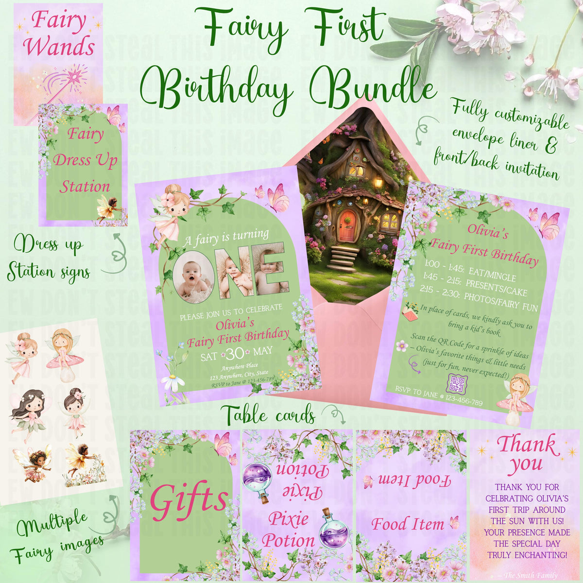 Fairy First Birthday Invitation Bundle Templates, Canva Editable (Digital Download)