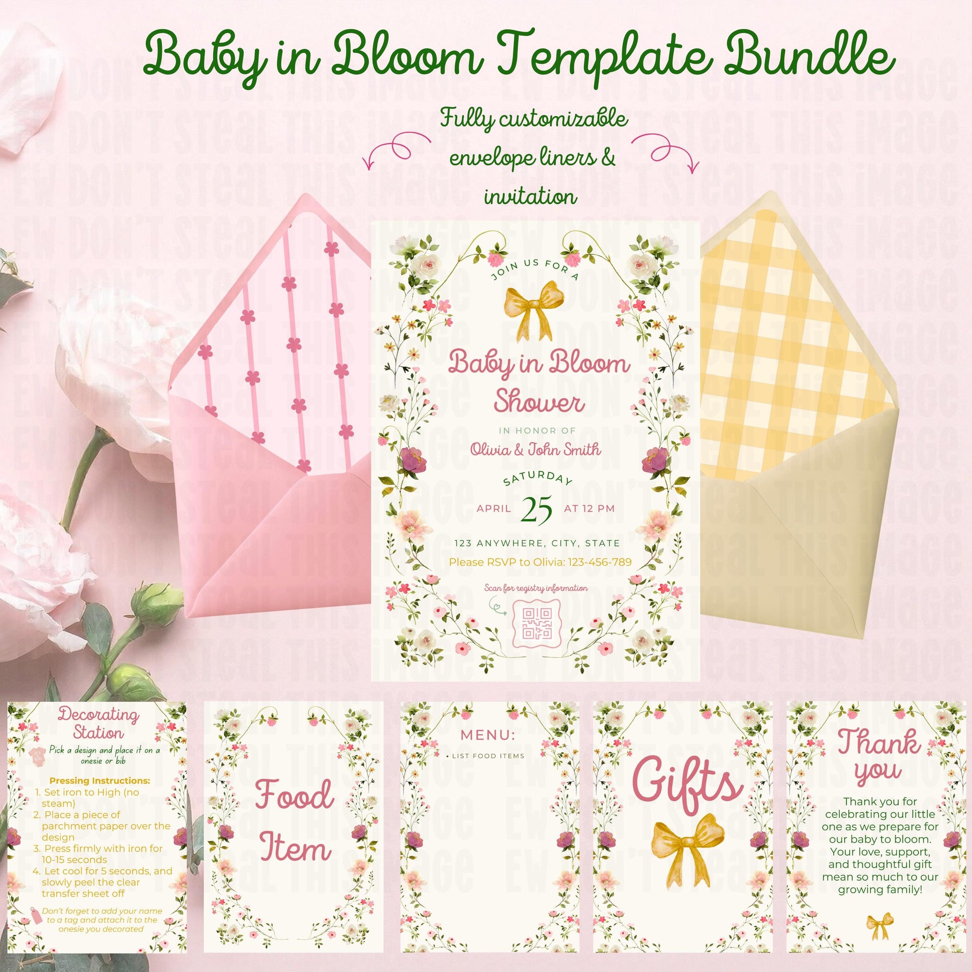 Baby in Bloom Shower Invitation Bundle, Editable Canva Templates (Digital Download)