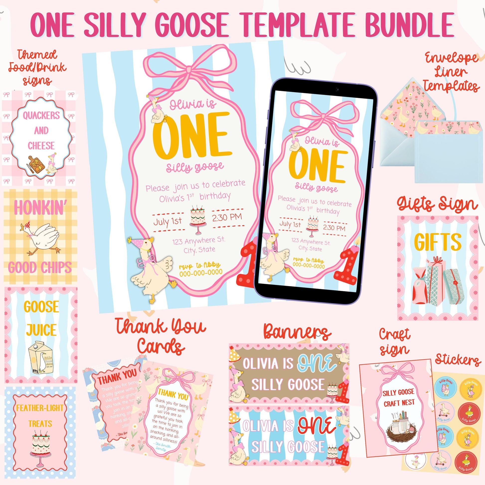 Silly Goose Birthday Invitation Canva Template Bundle (Digital Download)